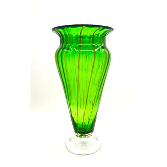 Vintage Retro Yellow Pin Stripe Red Dots Green Glass Vase 12.5"